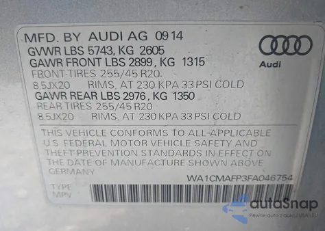 2015 Audi Q5 3.0 Tdi Premium Plus z USA, uszkodzony, nr VIN WA1CMAFP3FA046754